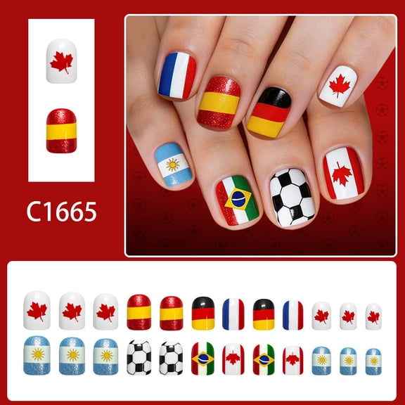 Tarmeek 24 Pcs Short Square Press on Nails Glossy Maple Leaf Flag Pattern Fake Nails Set Reusable with Adhesive | Short Length Acrylic Nails for Women Girls Holiday Party