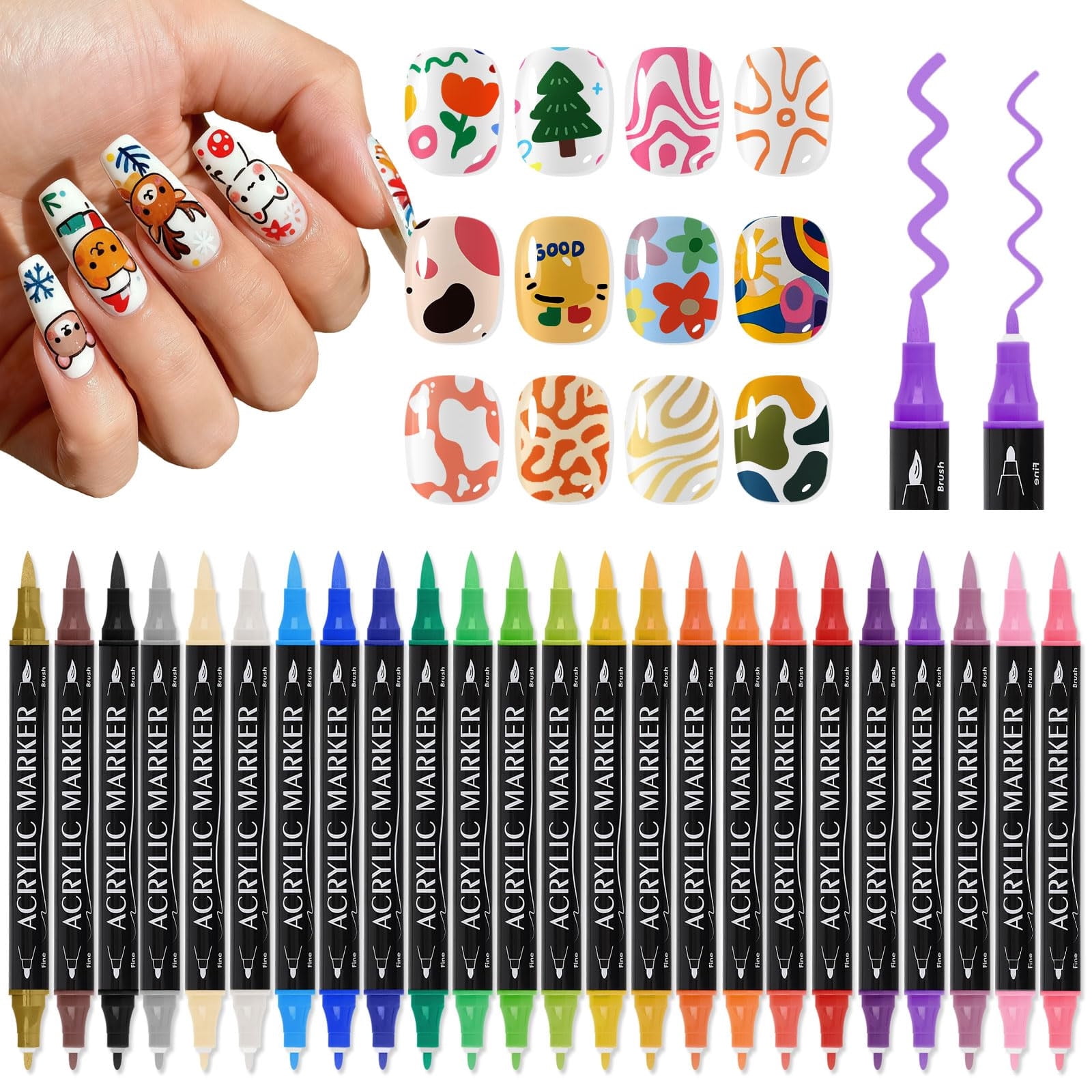Tarmeek 24Pcs Acrylic Nail Art Pen Set Professional Fine Tip Manicure Drawing Brush Kit for DIY Nail Design Easy to Use Nail Polish Marker Pens
