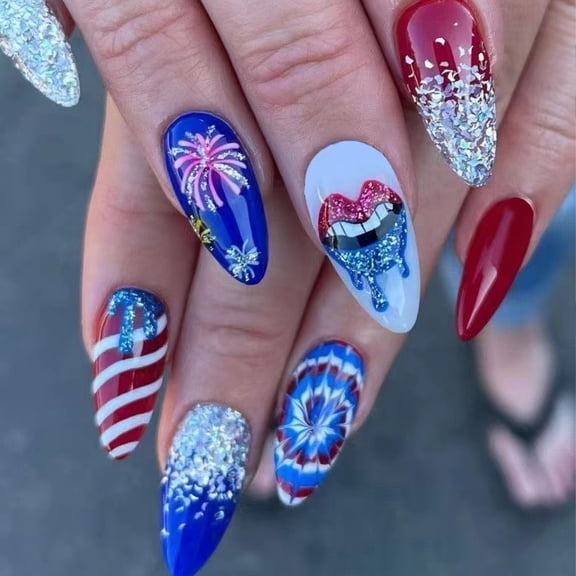 Memorial Day Saving! 4th of July Decorations, 24Pcs Independence Day Nail Tips Short Square Coffin Almond Acrylic False Nails for Women Manicure DIY 4th of July Patriotic Press On Nails