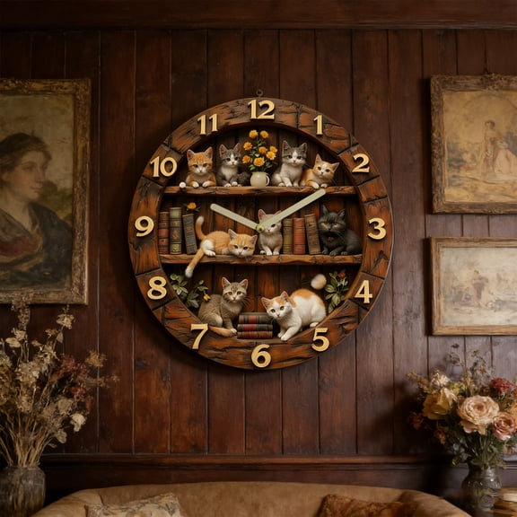Tarmeek 2D Wooden Wall Clock with Cats Design, 12 Inch Colorful Retro Style Wall Clock, Warm and Whimsical Wall Item for Living Room, Bedroom, Office