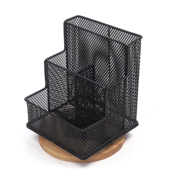 Tarmeek 4-Compartment Rotating Mesh Desk Organizer, Pen Holder Cosmetic Storage Caddy for Office Vanity 13x13x17.5cm