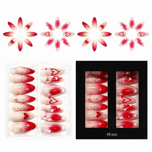 Tarmeek Acrylic Press on Nails Medium Length Drop Shape Red Love Heart Bow Sweet False Nails Set 48Pcs Reusable Adhesive Included Artificial Nails for Women Valentine's Day