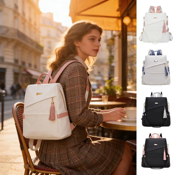 Tarmeek Anti-Theft Leather Backpack for Women Waterproof Backpack Purse Large-Capacity Travel Rucksack with Tassel Fashion Daypack Shoulder Bag for Work Office Daily Use 33x32x12cm