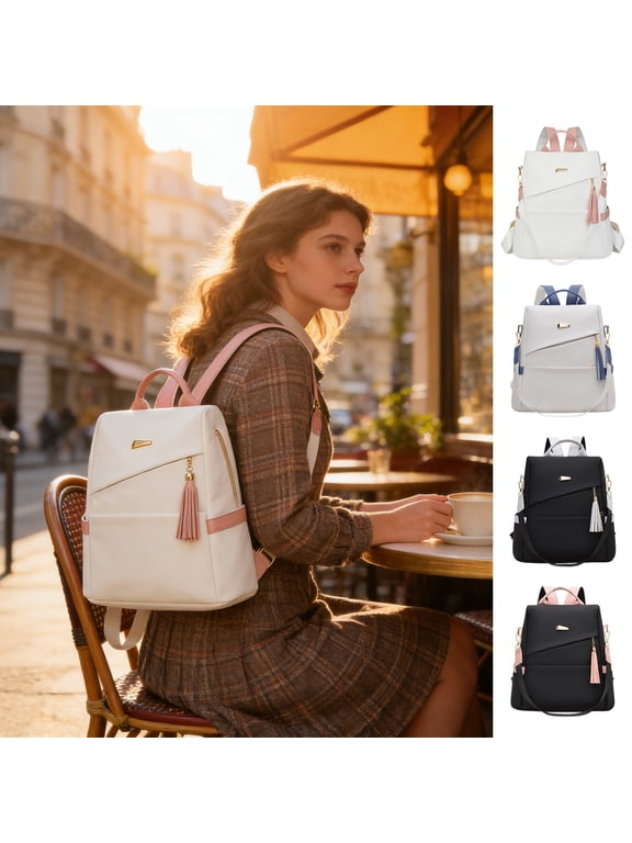 Anti-Theft Leather Backpack for Women, Waterproof Large-Capacity Travel Rucksack with Tassel, Fashion Daypack Shoulder Bag Purse for Work Office Daily Use