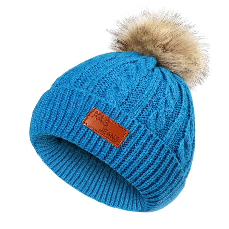 Pom Pom Beanie Hat for Winter Cobalt Blue / Faux Fur