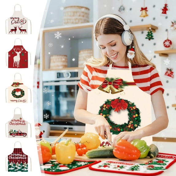 Tarmeek Christmas Apron 75x65cm Holiday Festive Kitchen Cooking Apron with Adjustable Neck Strap Waterproof Machine Washable Fine Linen Print Apron for Women Family Baking Cooking Party