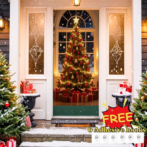 Tarmeek Christmas Door Cover Decorations, Christmas Tree Backdrop Front Door Cover Xmas Decor Hanging Banner, Photography Background for Home Holiday Christmas Decorations