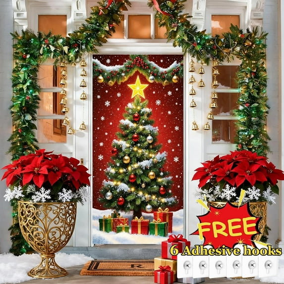 Tarmeek Christmas Door Cover Decorations, Christmas Tree Backdrop Front Door Cover Xmas Decor Hanging Banner, Photography Background for Home Holiday Christmas Decorations
