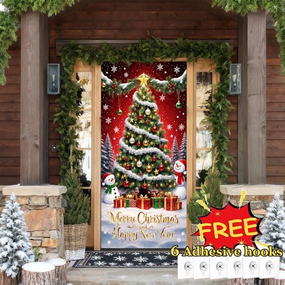 Tarmeek Christmas Door Cover Decorations, Christmas Tree Backdrop Front Door Cover Xmas Decor Hanging Banner, Photography Background for Home Holiday Christmas Decorations