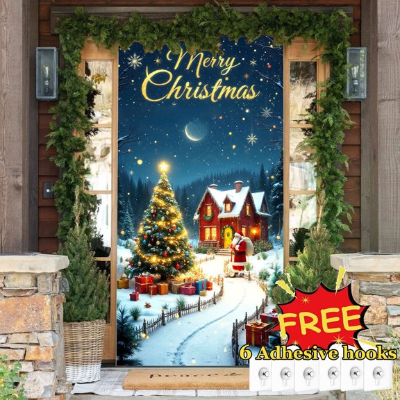 Tarmeek Christmas Door Cover Decorations, Christmas Tree Backdrop Front Door Cover Xmas Decor Hanging Banner, Photography Background for Home Holiday Christmas Decorations