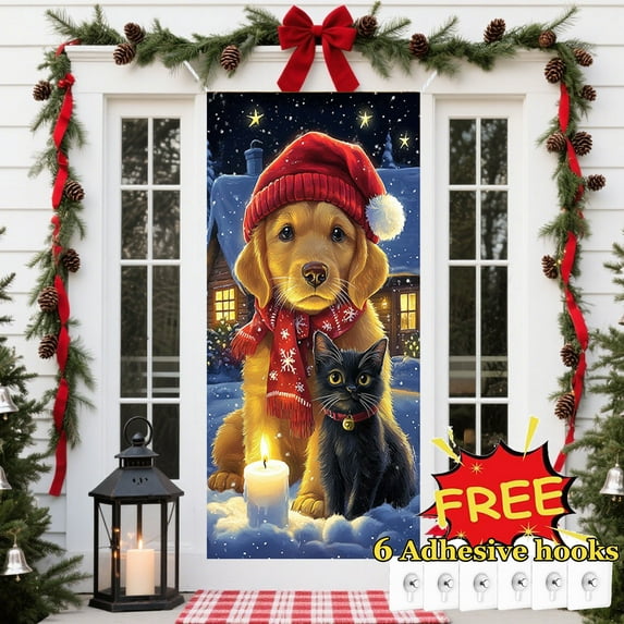 Tarmeek Christmas Door Cover Decorations, Cute Animals Backdrop Front Door Cover Xmas Decor Hanging Banner, Photography Background for Home Holiday Christmas Decorations