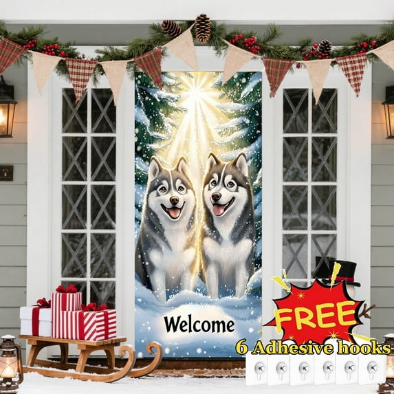 Tarmeek Christmas Door Cover Decorations, Cute Dog Backdrop Front Door Cover Xmas Decor Hanging Banner, Photography Background for Home Holiday Christmas Decorations