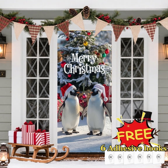 Tarmeek Christmas Door Cover Decorations, Cute Penguin Backdrop Front Door Cover Xmas Decor Hanging Banner, Photography Background for Home Holiday Christmas Decorations