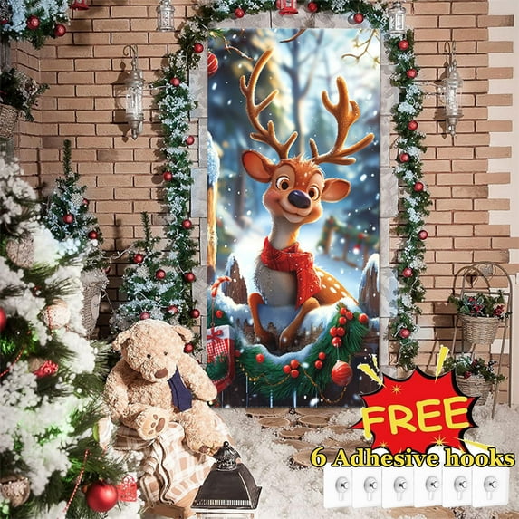 Tarmeek Christmas Door Cover Decorations, Cute Reindeer Backdrop Front Door Cover Xmas Decor Hanging Banner, Photography Background for Home Holiday Christmas Decorations