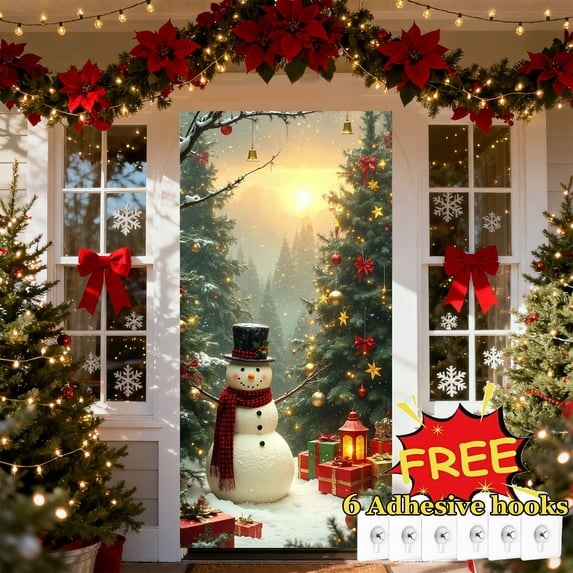 Tarmeek Christmas Door Cover Decorations, Cute Snowman Backdrop Front Door Cover Xmas Decor Hanging Banner, Photography Background for Home Holiday Christmas Decorations