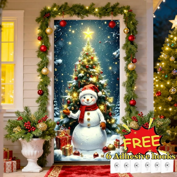 Tarmeek Christmas Door Cover Decorations, Cute Snowman Backdrop Front Door Cover Xmas Decor Hanging Banner, Photography Background for Home Holiday Christmas Decorations