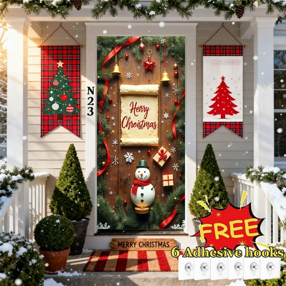 Tarmeek Christmas Door Cover Decorations, Cute Snowman Backdrop Front Door Cover Xmas Decor Hanging Banner, Photography Background for Home Holiday Christmas Decorations