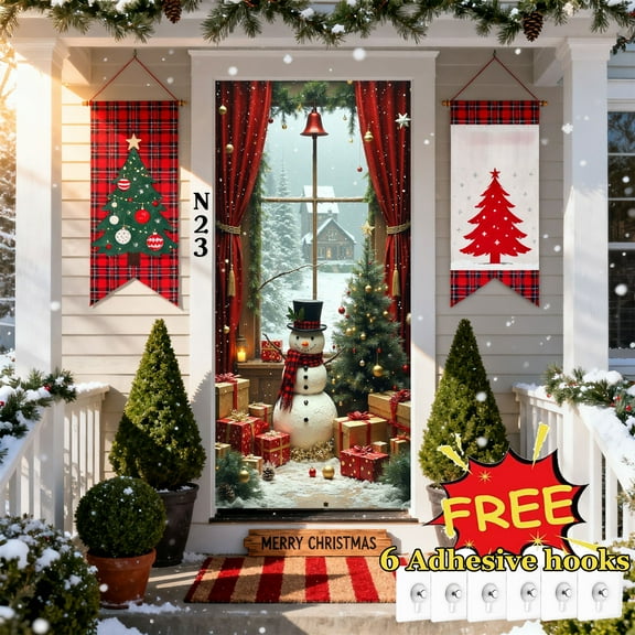 Tarmeek Christmas Door Cover Decorations, Cute Snowman Backdrop Front Door Cover Xmas Decor Hanging Banner, Photography Background for Home Holiday Christmas Decorations