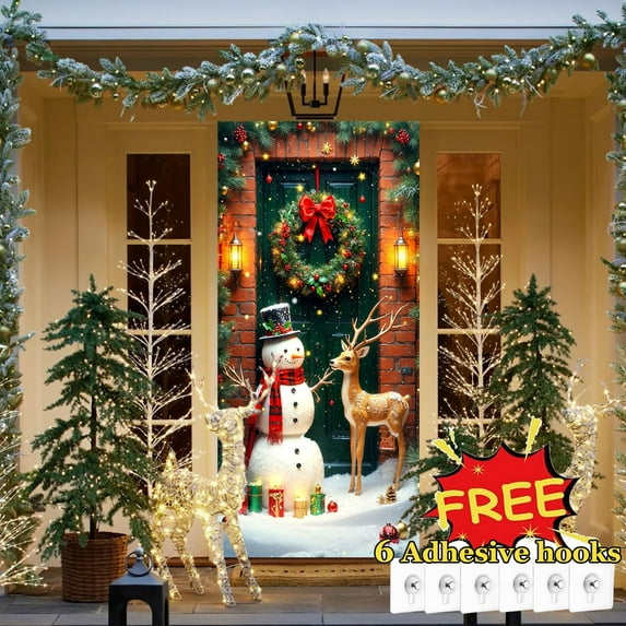 Tarmeek Christmas Door Cover Decorations, Cute Snowman Backdrop Front Door Cover Xmas Decor Hanging Banner, Photography Background for Home Holiday Christmas Decorations
