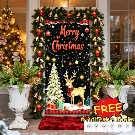 Tarmeek Christmas Door Cover Decorations, Reindeer Backdrop Front Door Cover Xmas Decor Hanging Banner, Photography Background for Home Holiday Christmas Decorations