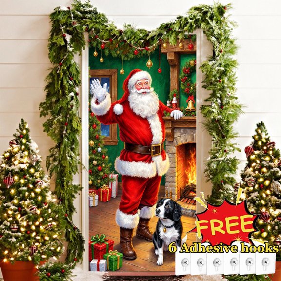 Tarmeek Christmas Door Cover Decorations, Santa Claus Backdrop Front Door Cover Xmas Decor Hanging Banner, Photography Background for Home Holiday Christmas Decorations