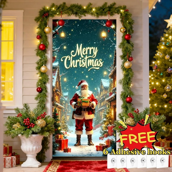 Tarmeek Christmas Door Cover Decorations, Santa Claus Backdrop Front Door Cover Xmas Decor Hanging Banner, Photography Background for Home Holiday Christmas Decorations