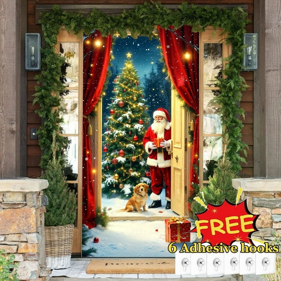 Tarmeek Christmas Door Cover Decorations, Santa Claus Backdrop Front Door Cover Xmas Decor Hanging Banner, Photography Background for Home Holiday Christmas Decorations