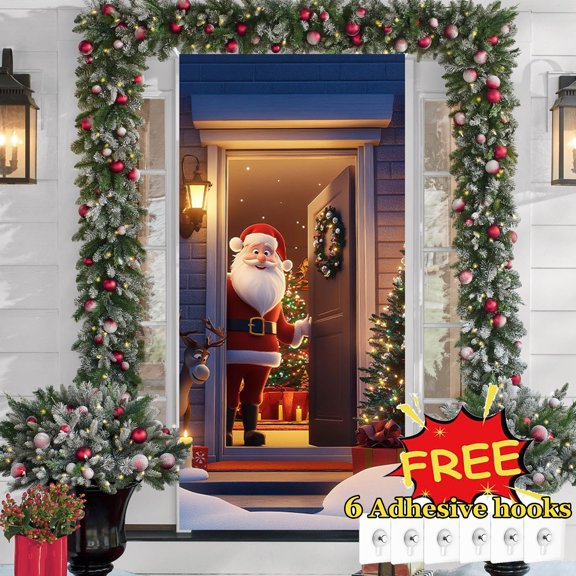 Tarmeek Christmas Door Cover Decorations, Santa Claus Backdrop Front Door Cover Xmas Decor Hanging Banner, Photography Background for Home Holiday Christmas Decorations