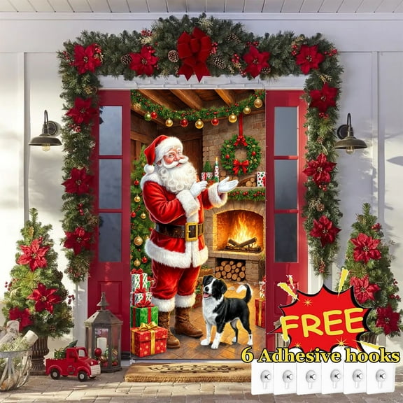 Tarmeek Christmas Door Cover Decorations, Santa Claus Backdrop Front Door Cover Xmas Decor Hanging Banner, Photography Background for Home Holiday Christmas Decorations