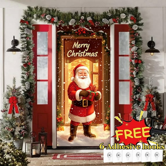 Tarmeek Christmas Door Cover Decorations, Santa Claus Backdrop Front Door Cover Xmas Decor Hanging Banner, Photography Background for Home Holiday Christmas Decorations
