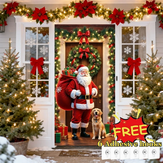 Tarmeek Christmas Door Cover Decorations, Santa Claus Backdrop Front Door Cover Xmas Decor Hanging Banner, Photography Background for Home Holiday Christmas Decorations