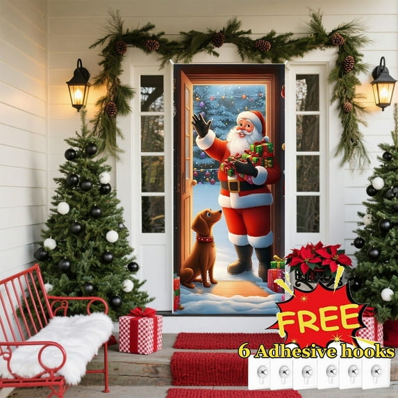 Tarmeek Christmas Door Cover Decorations, Santa Claus Backdrop Front Door Cover Xmas Decor Hanging Banner, Photography Background for Home Holiday Christmas Decorations