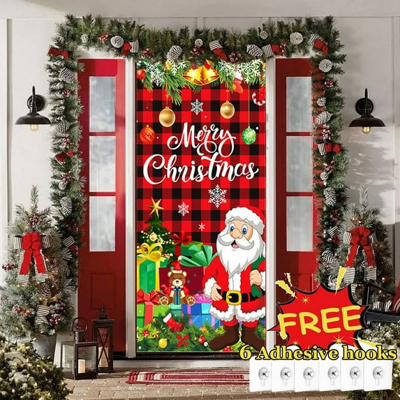Tarmeek Christmas Door Cover Decorations, Santa Claus Merry Christmas Backdrop Front Door Cover Xmas Decor Hanging Banner, Photography Background for Home Holiday Christmas Decorations