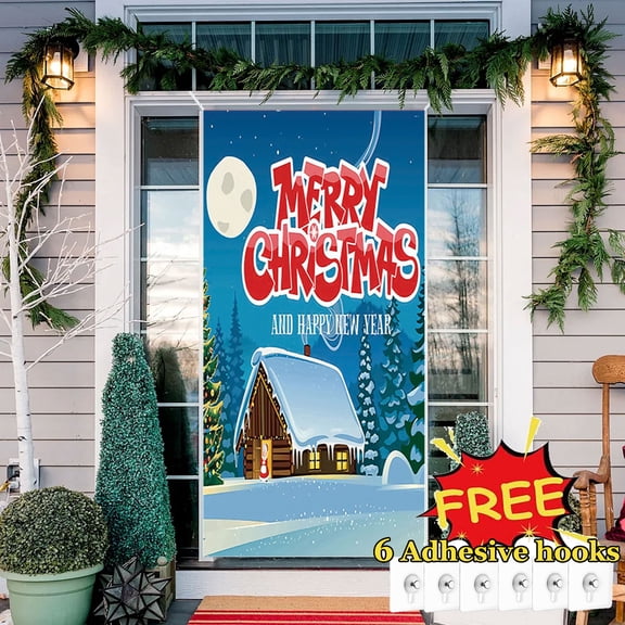 Tarmeek Christmas Door Cover Decorations, Snow Scene Backdrop Front Door Cover Xmas Decor Hanging Banner, Photography Background for Home Holiday Christmas Decorations