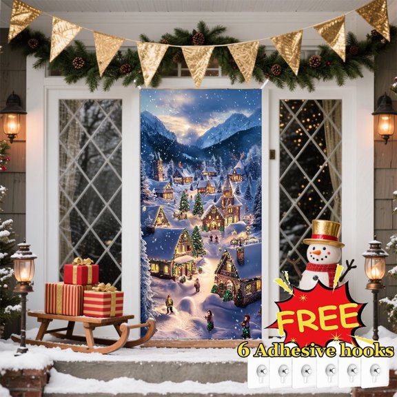 Tarmeek Christmas Door Cover Decorations, Snow Scene Backdrop Front Door Cover Xmas Decor Hanging Banner, Photography Background for Home Holiday Christmas Decorations