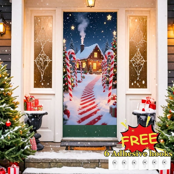 Tarmeek Christmas Door Cover Decorations, Snow Scene Backdrop Front Door Cover Xmas Decor Hanging Banner, Photography Background for Home Holiday Christmas Decorations