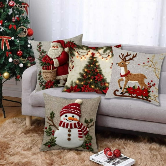 Tarmeek Christmas Pillow Covers 18x18 Inch Set of 4 Christmas Decorations, Flax Seasonal Winter Xmas Holiday Decor Throw Pillow Covers for Home Decor Christmas Decorations Indoor