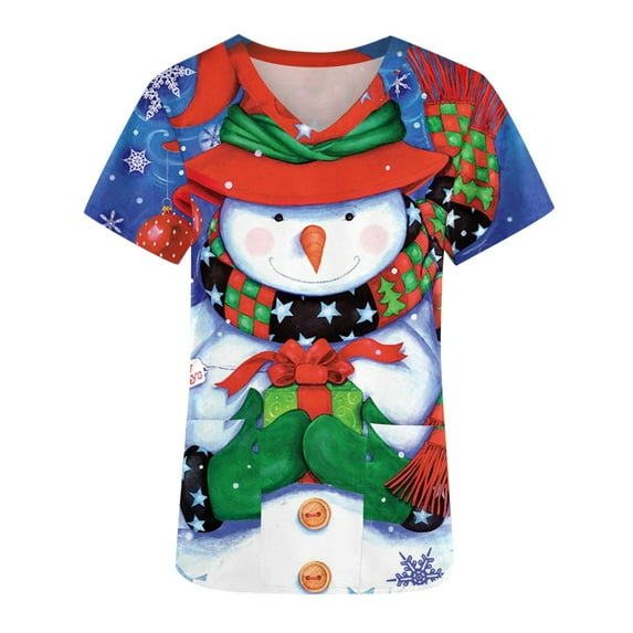 Tarmeek Christmas Scrubs Tops for Women Snowman and Snow Graphic Workwear Lightweight Short Sleeve Holiday Uniform Scrubs with Pockets