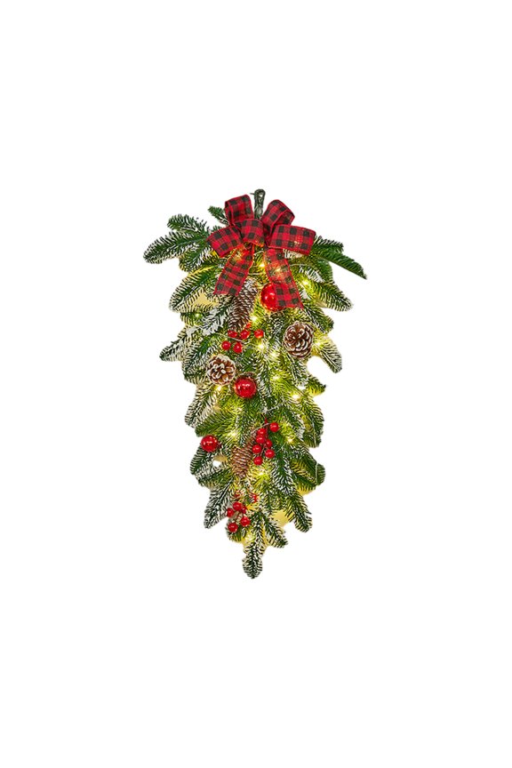 Christmas Wreaths Lighted Artificial Christmas Wreath with Red Bow Lighted Door Wreath Adorned with Pine Cones Red Berries Outdoor Prelit Xmas Wreath for Holiday Hanging Decor