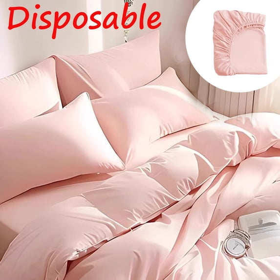 Tarmeek Disposable Bed Sheet Set Queen Size 4 Piece - Hotel Travel Portable Deep Pocket Fitted Sheet, Flat Sheet, 2 Pillowcases - Soft Breathable Microfiber for 1.8m Bed, Pink