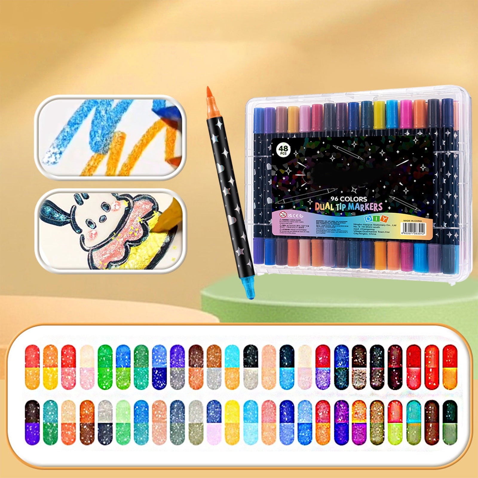 Tarmeek Dual-Tip Glitter Markers Marker Pens 48-Pack 96 Colors, Highlighters Pearlescent Metallic Pens, Fluorescent Pens for Journaling Drawing Card Making, Art Supplies for Office Notes Drawing