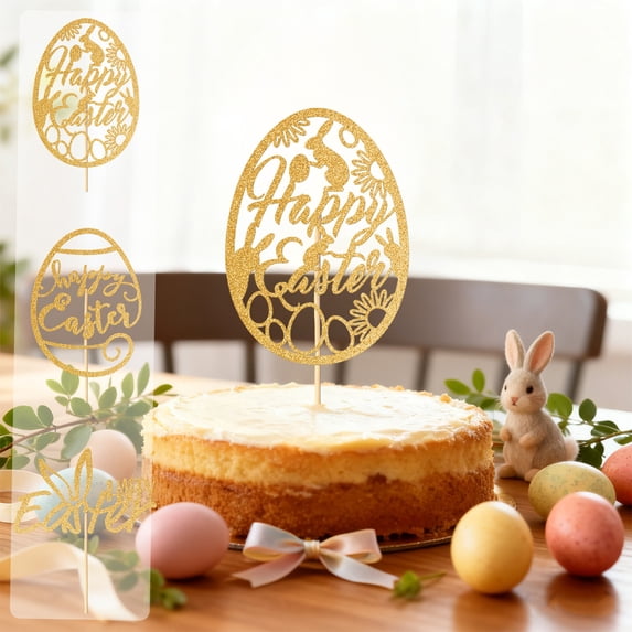Tarmeek Easter Cake Topper, 6 Inch Easter Decorations Gold Glitter Alphabet & Egg Letters on Paper Flag Set of Cake Decorations Easter Decor
