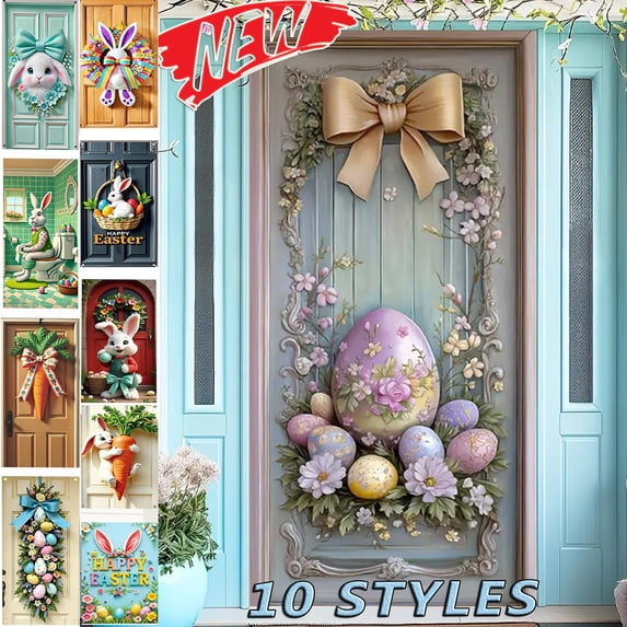 Tarmeek Easter Door Cover, 35x71 Inch Easter Bunny and Eggs Banner Easter Decor, Large Colorful Fabric Easter Door Banner for Door, Window, Home Decor, Photography Backdrops, Easter Decorations