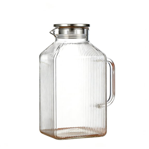 Tarmeek Glass Pitcher with Lid and Handle, 1 Gallon Water Jug, Juice Containers with Handle & Strainer & Stainless Steel for Fridge, Large Transparent Pitcher for Iced Tea, Juice, Homemade Beverage