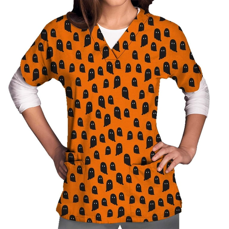 Tarmeek Halloween Scrub Tops for Women Ladies Plus Size Breathable Pumpkin Cat Bat Pattern V Neck Short Sleeve Blouse Casual Working Nurse Uniform