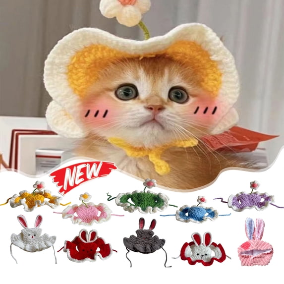 Tarmeek Hand-Knitted Pet Cat Dog Hat, Warm Cat & Dog Headwear with Flower Design, Soft Comfortable Elastic Fit for Small Medium Pets, Birthday Party & Dog Cat Decor