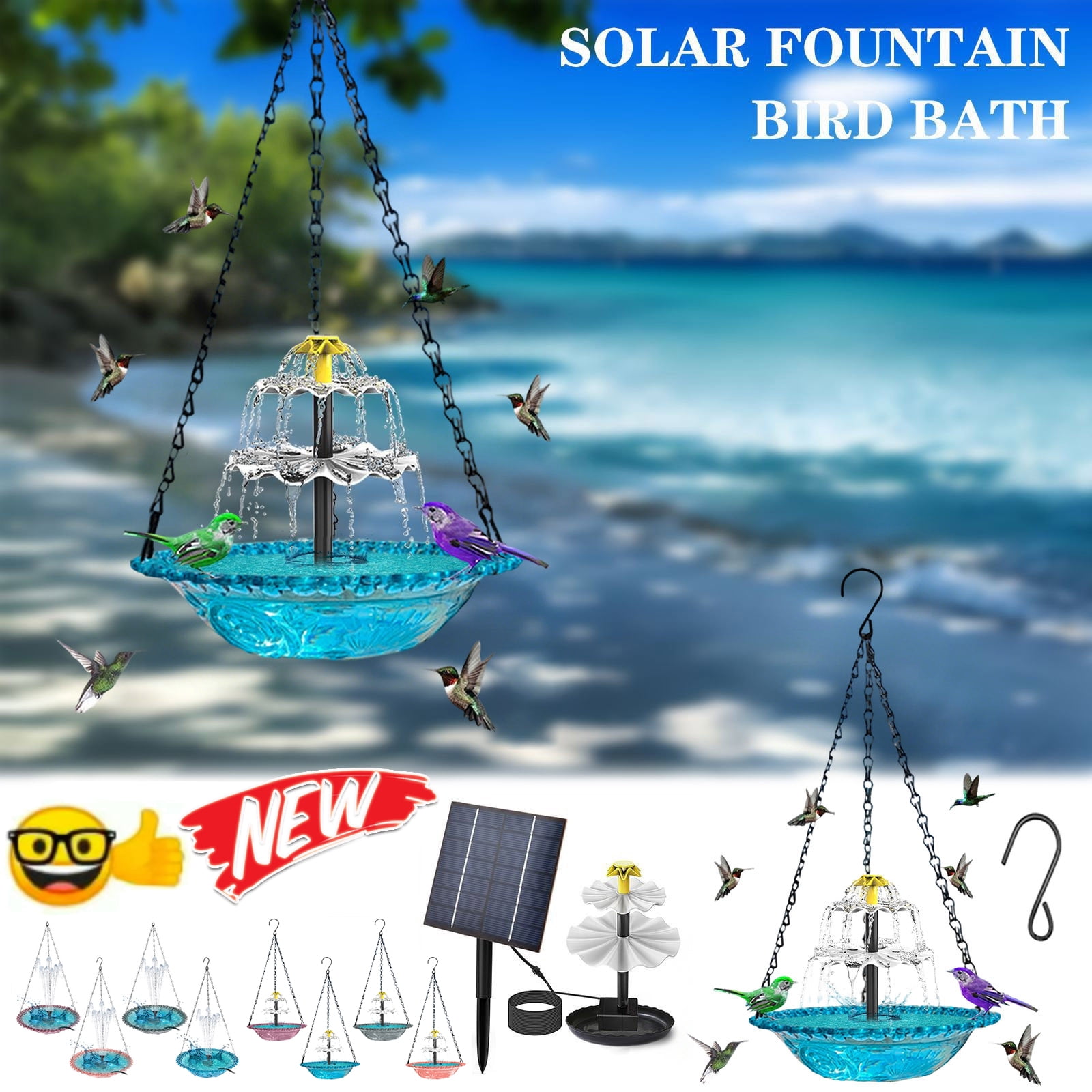 Tarmeek Hanging Solar Bird Bath Fountain with Replace Hook, Hanging Bird Feeder Bird Bath Bowl with Solar Powered Pump for Outdoor Garden Backyard Patio Lawn, Wildlife Feeder