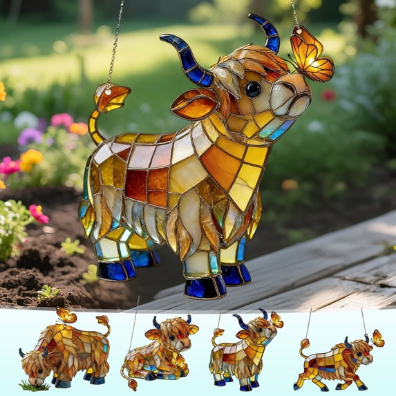 Tarmeek Highland Cow Suncatcher with Butterflies, 2D Stained Acrylic Style Window Hanging, Farm Animal Sun Catcher Panel Ornament for Farmhouse, Garden, Home Decor, Highland Cow Gifts for Cow Lovers