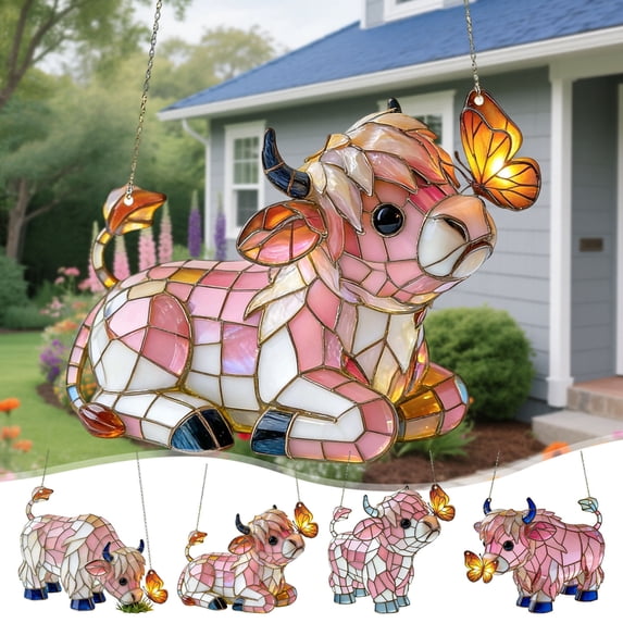 Tarmeek Highland Cow Suncatcher with Butterflies, 2D Stained Acrylic Style Window Hanging, Farm Animal Sun Catcher Panel Ornament for Farmhouse, Garden, Home Decor, Highland Cow Gifts for Cow Lovers