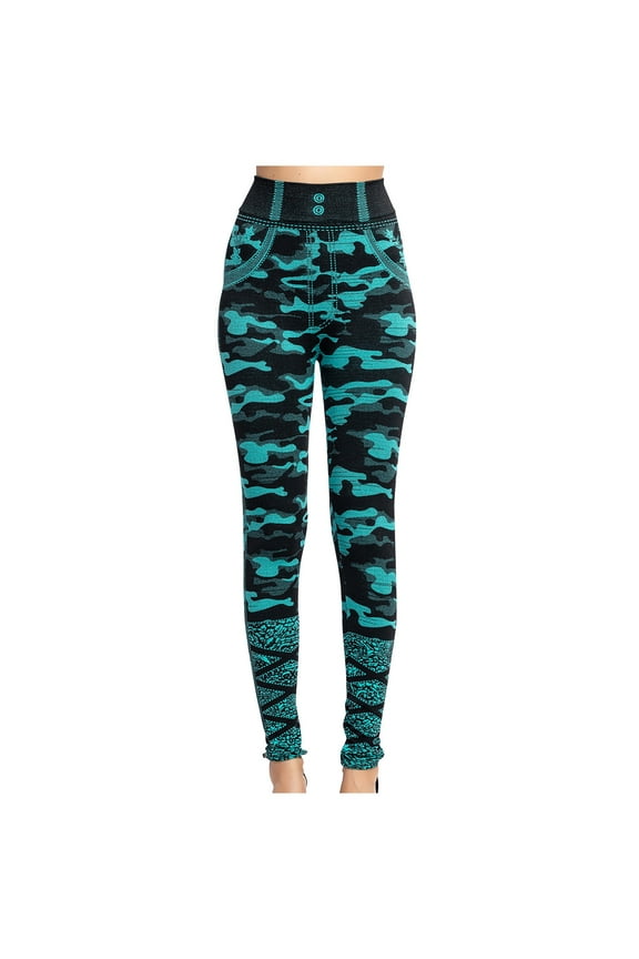 Imitation Denim Leggings for Women - Sexy Camouflage Printed Tummy Control Yoga Pants Casual Soft Stretch Trousers Tights Full Length High Waisted Running Workout Leggings